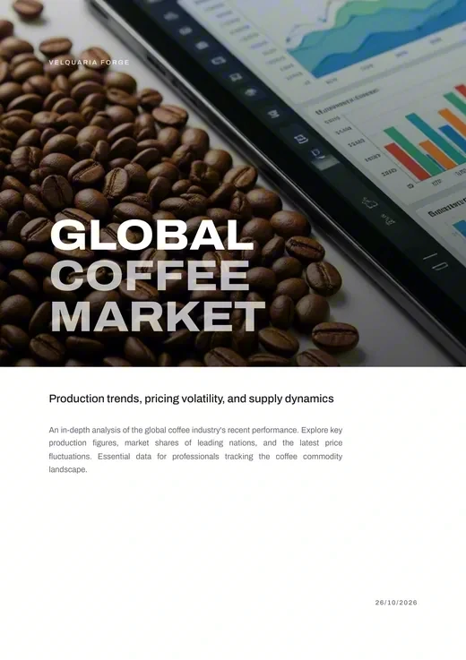 Cover of “Global Coffee Market”: a tray of roasted coffee beans beside a laptop with charts.