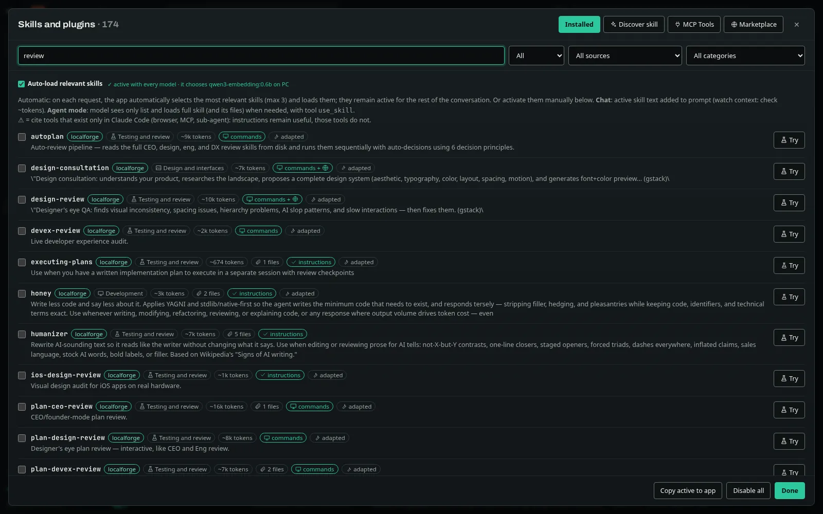Skills and plugins panel listing 174 skills, with automatic loading of relevant skills enabled.