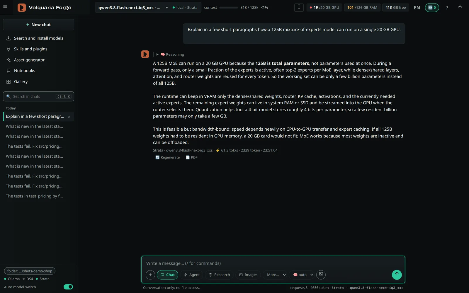 Velquaria Forge chatting with Qwen3.8-Flash-Next 125B running locally on Strata, 61.3 tokens per second.