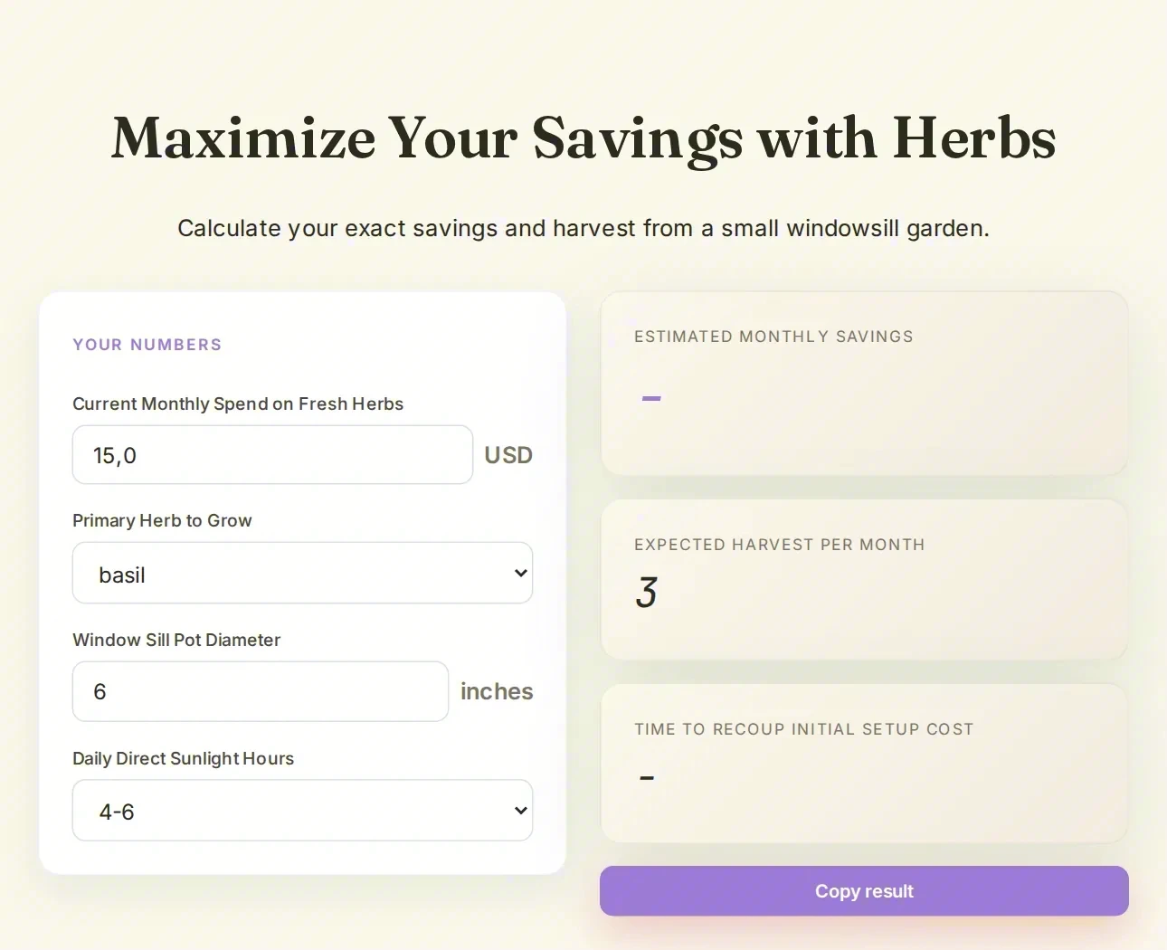 The herb savings calculator: your numbers on the left, estimated savings and harvest on the right.