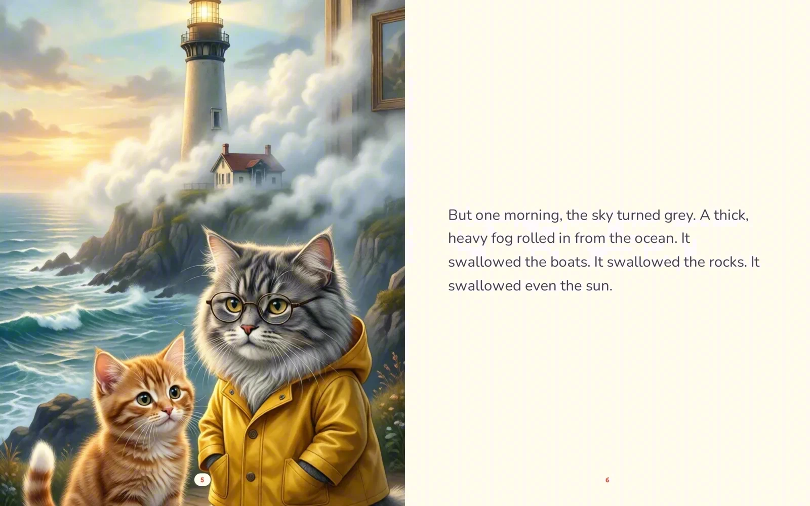 A full-page illustration of Nora the kitten and her grandfather in a yellow raincoat, next to the story text.